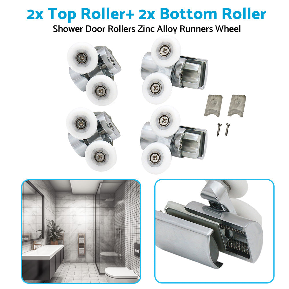 Shower Door Roller 4x Zinc Alloy Twin Top & Bottom Runners Wheel 23mm Suitable For Sliding Doors