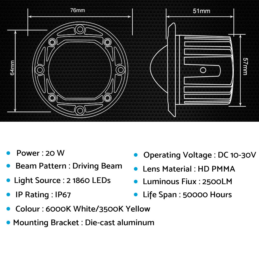 2x 3inch Flush Mount LED Work Light Bar Reverse Fog Lamp 4WD White Yellow 8D Len