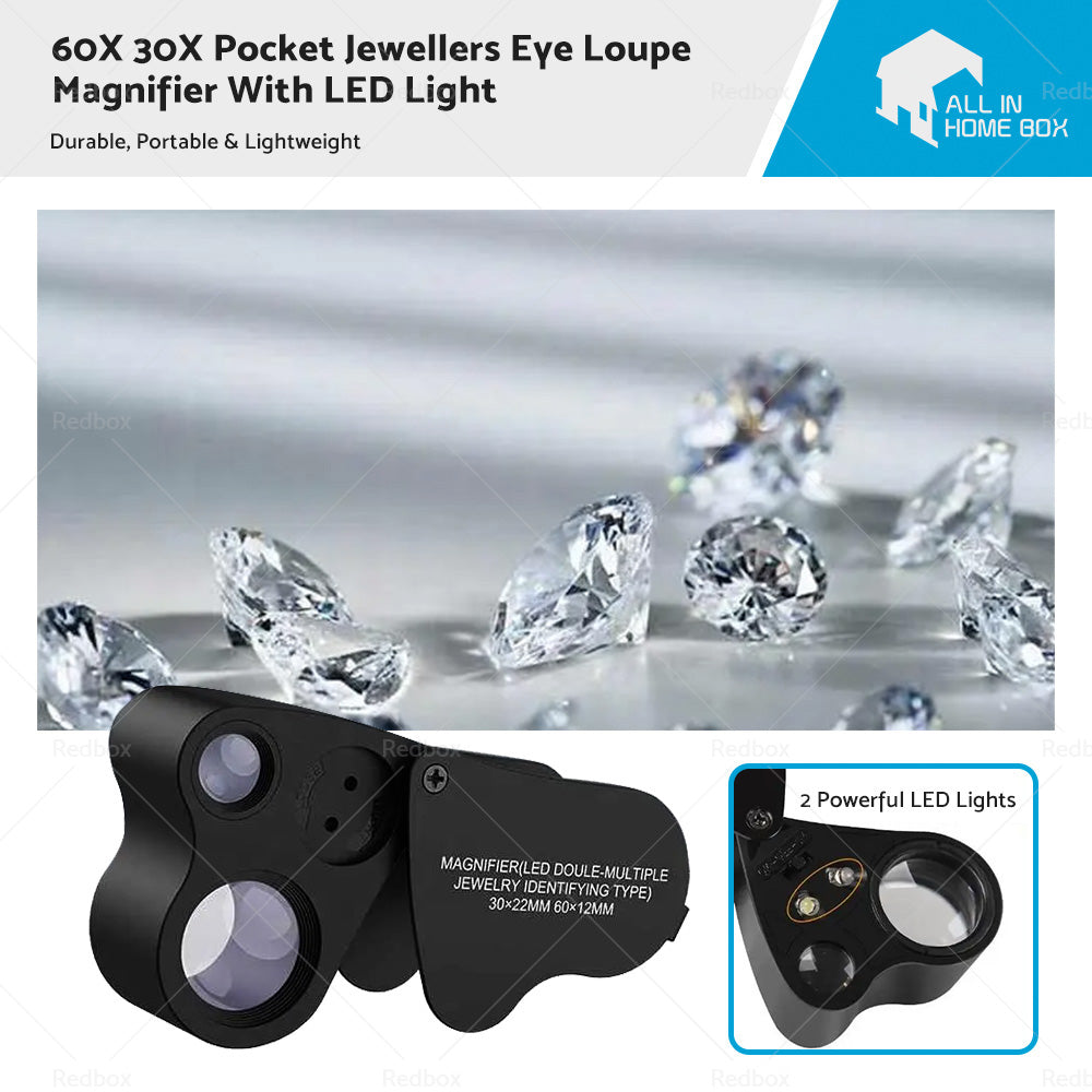 {{ 60X 30X Pocket Jewellers Eye Loupe Magnifier Jewelry Magnifying Glass LED Light }} - Buy Car Parts Online at {{ Kaka Auto Parts }}.