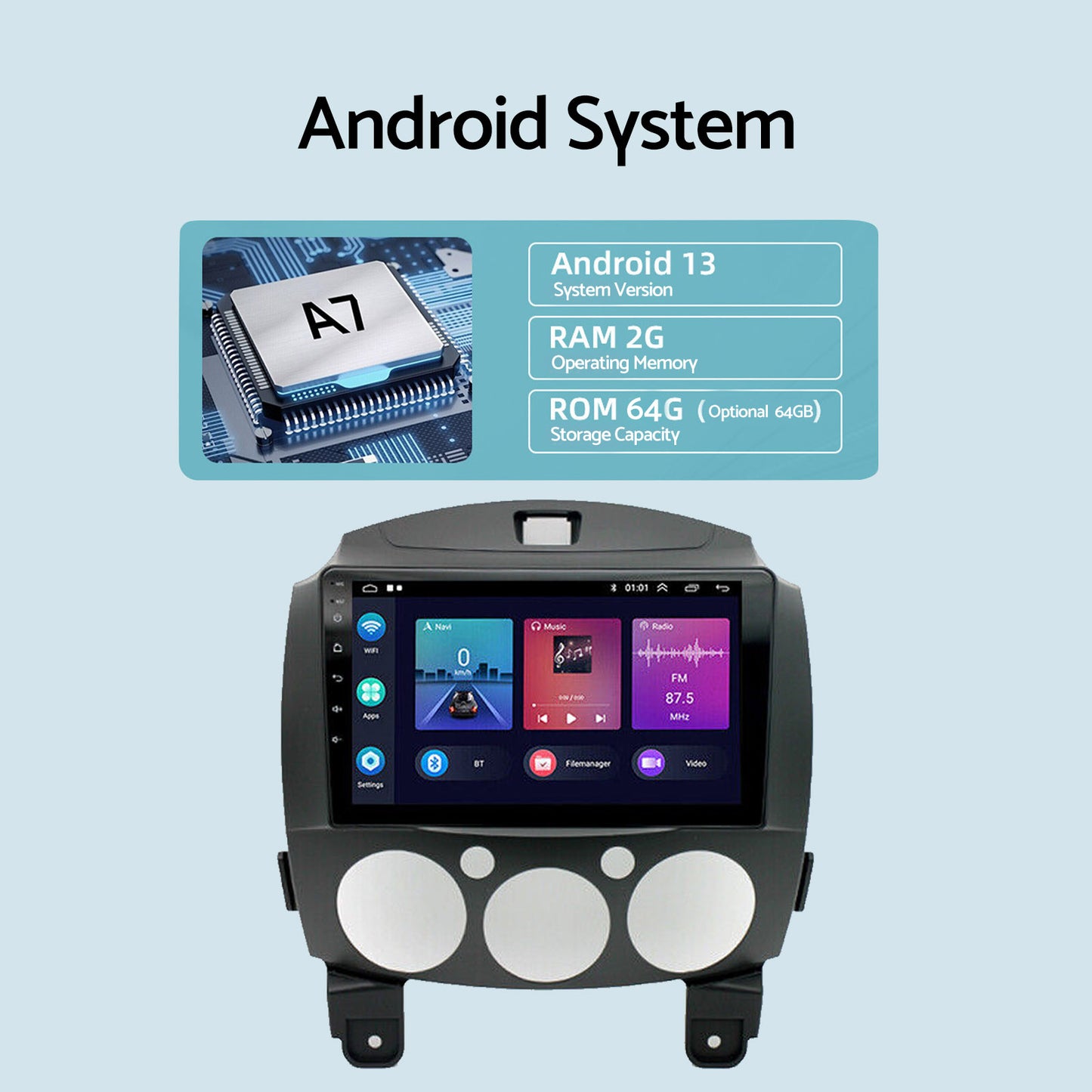 Android 13 Head Unit 9'' Apple CarPlay Bluetooth Suitable For Mazda 2 2007-2014